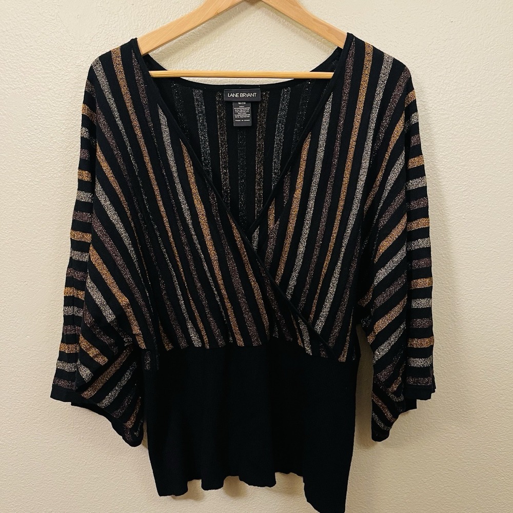 Lane Bryant Metallic Striped Knit Sweater Top Black Multi Mob Wife Glam Sz 18/20